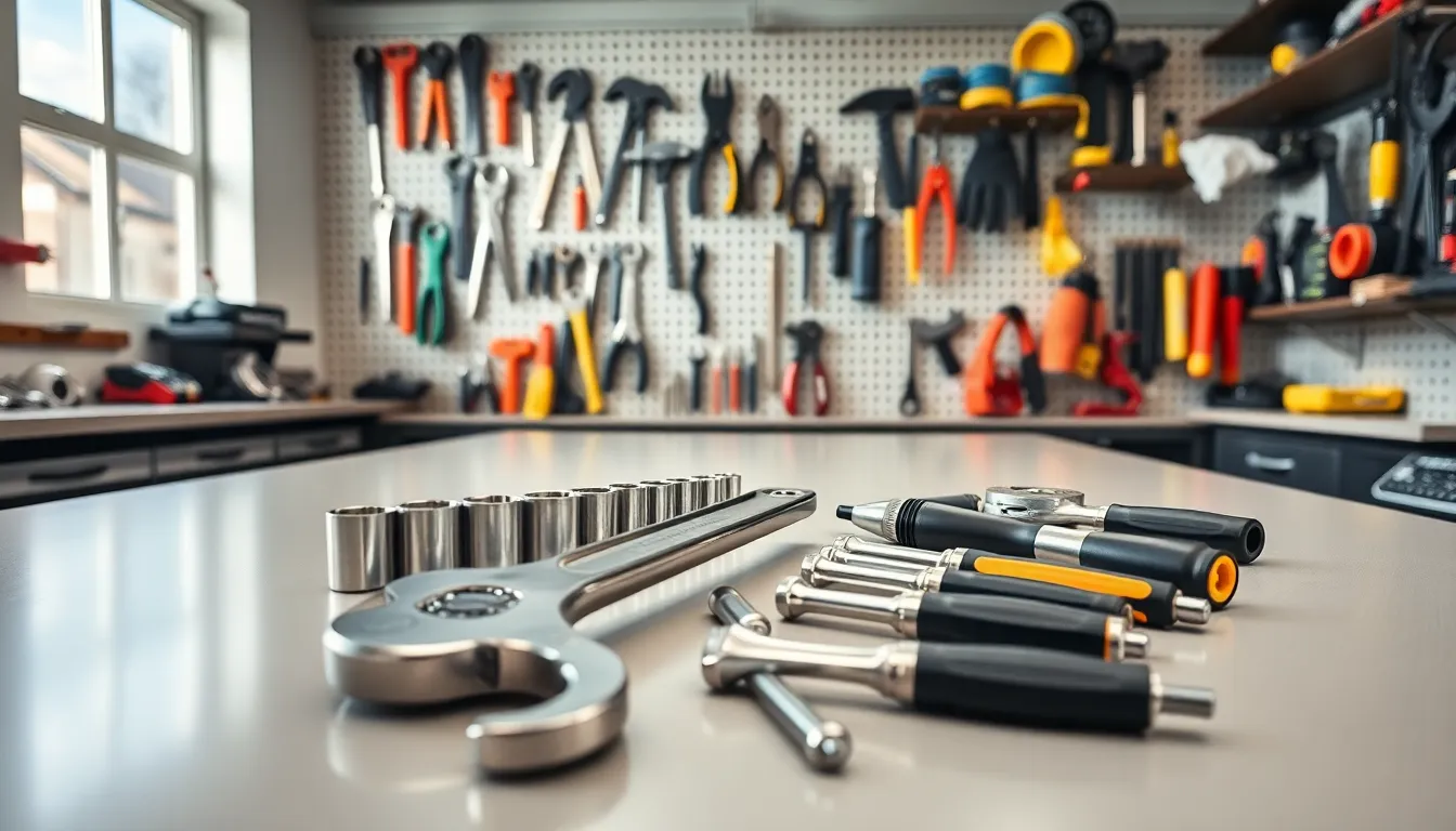 organized workshop with essential hand tools and safety gear.
