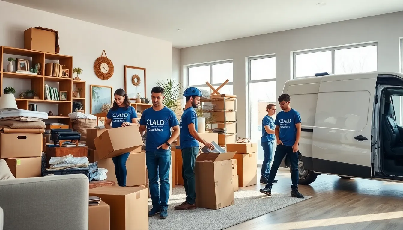 diverse team clearing clutter from a modern living room.