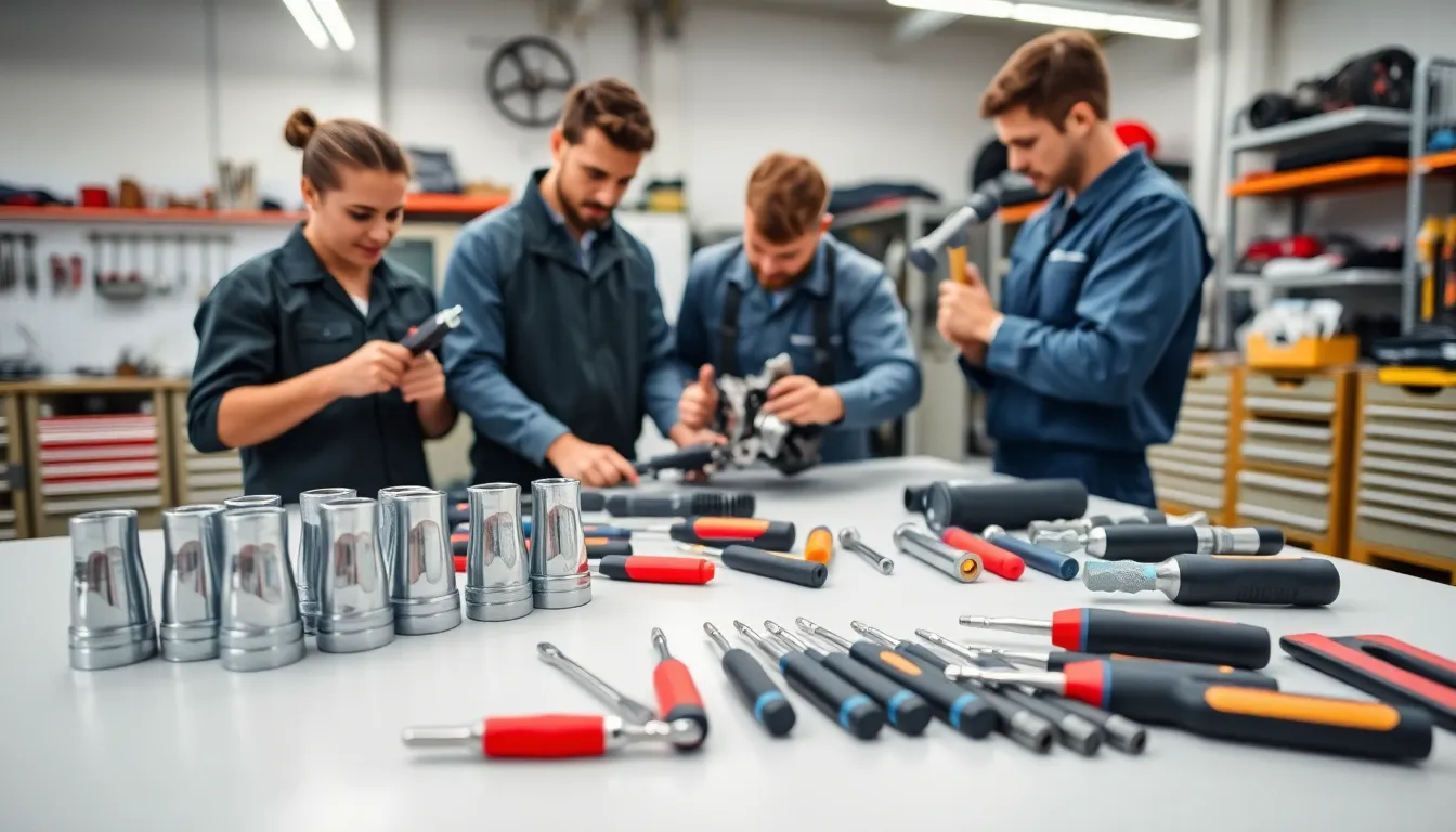 professionals working with hand tools in an automobile workshop.