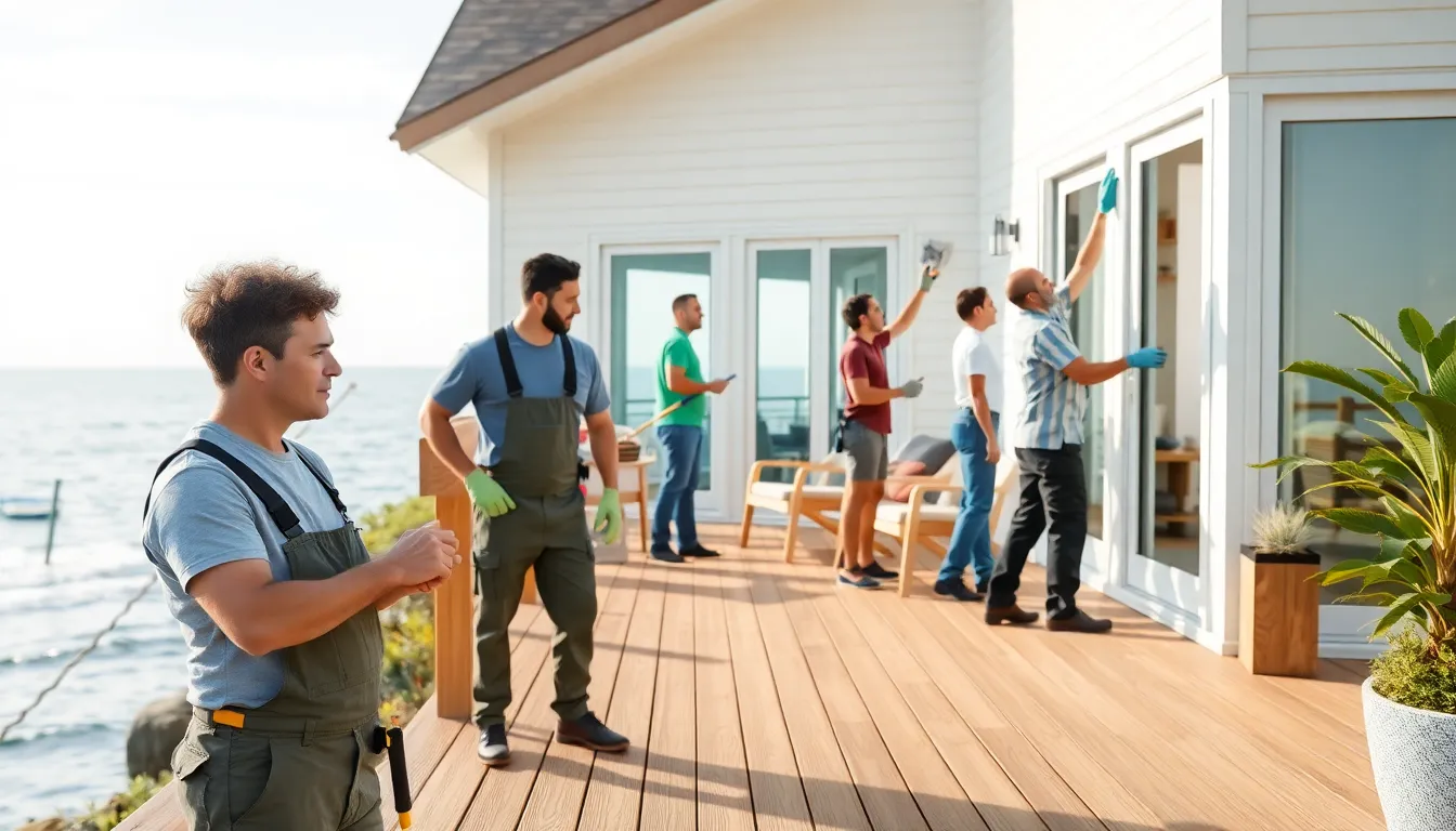 professionals servicing a coastal home near the waterfront.
