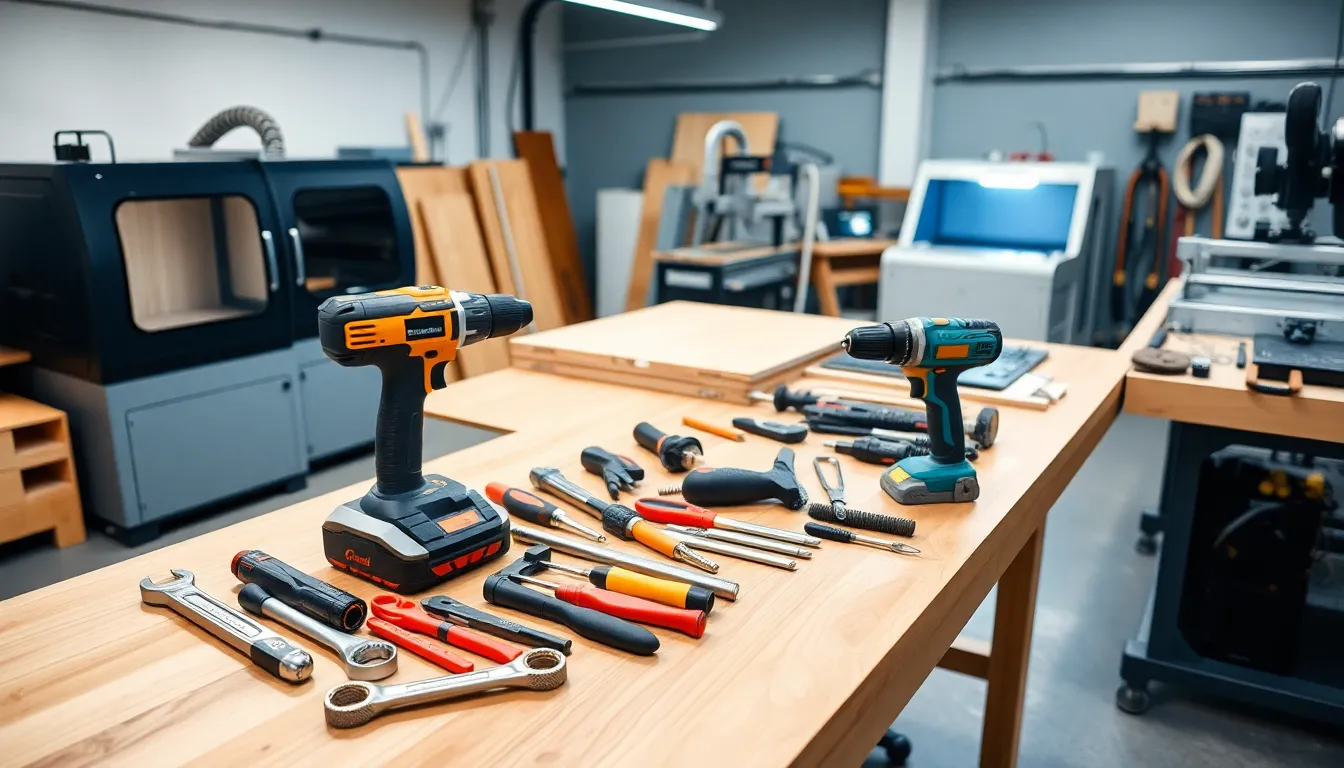 variety of workshop tools and equipment in a modern setting.