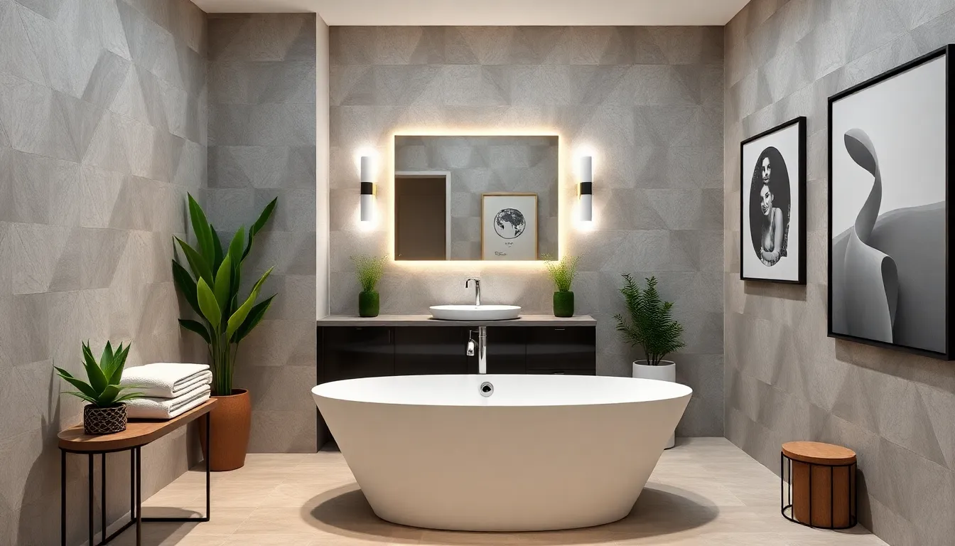 modern bathroom with elegant decor and stylish fixtures.