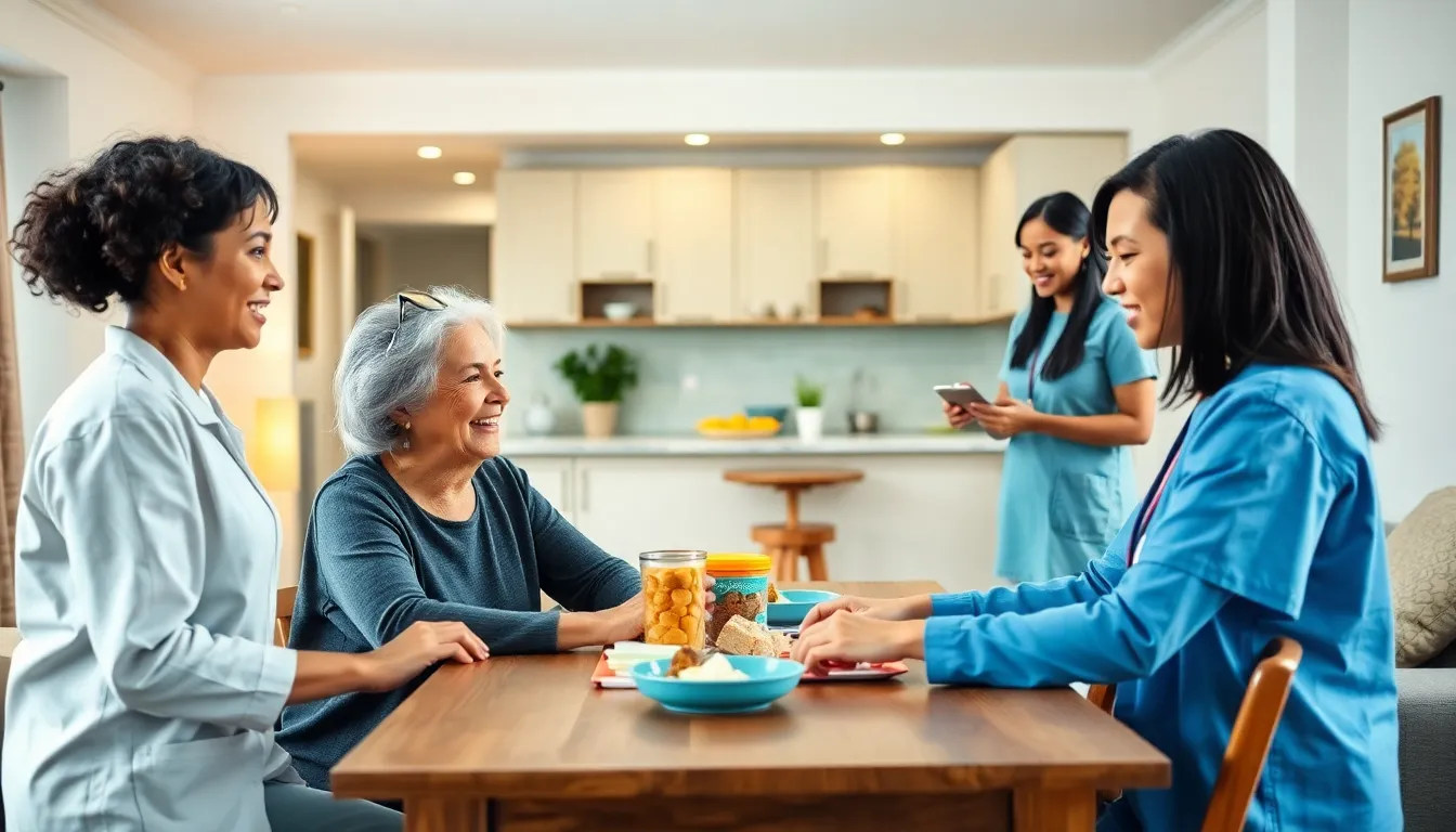 caregiver assisting a senior in a cozy home environment.