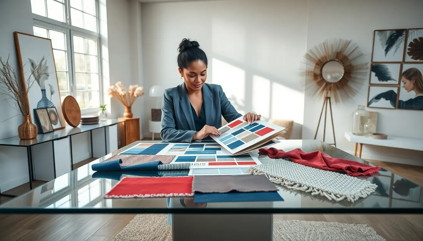 professional designer reviewing colors and textures in a modern studio.