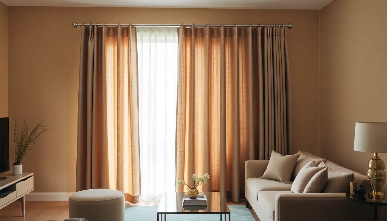 elegant living room with stylish curtains and modern decor.