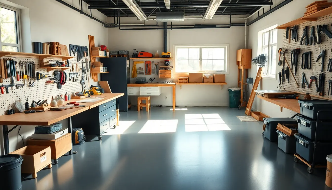organized workshop with distinct tool zones and a sleek workbench.
