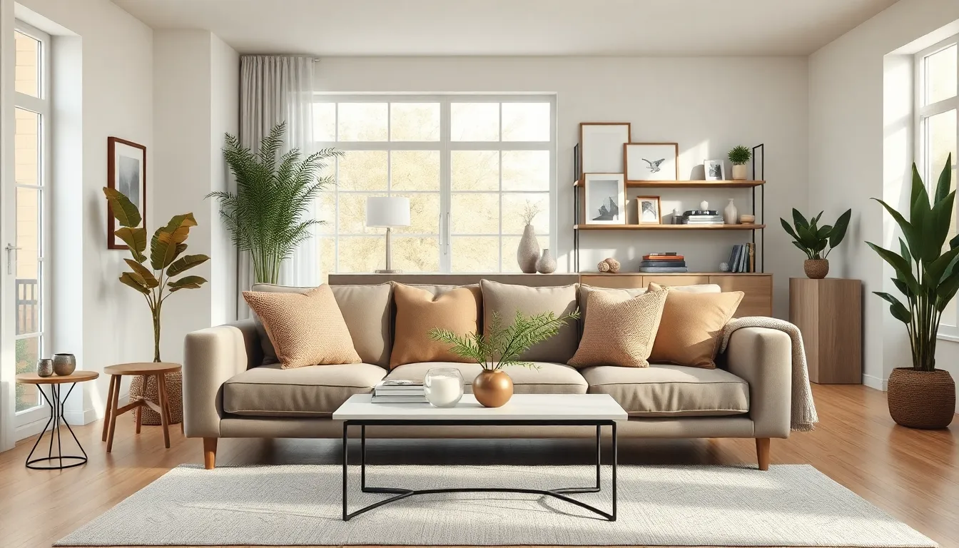 modern living room with minimalist furniture and warm decorations.